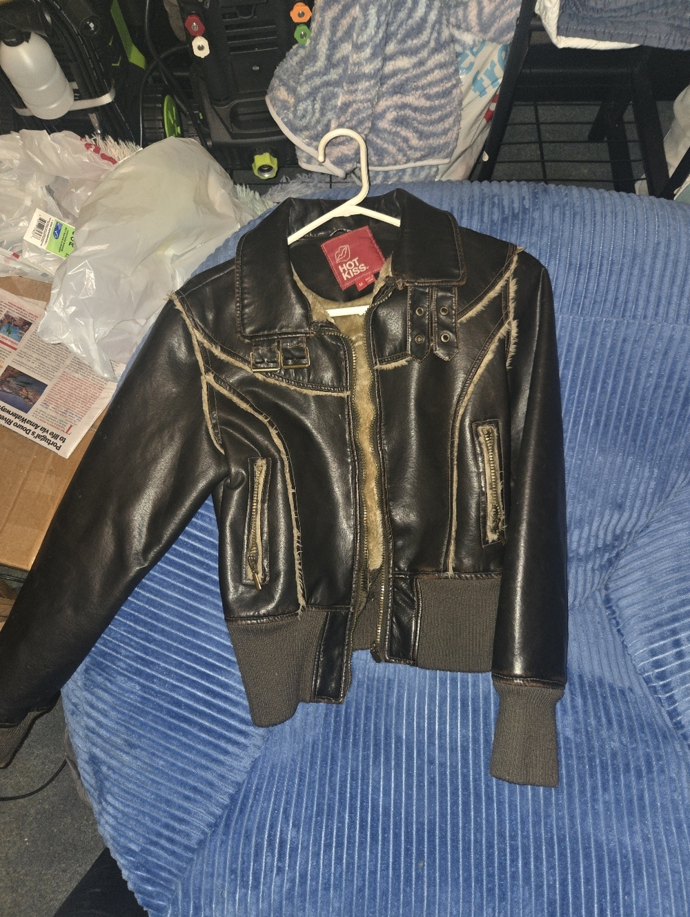 Hot Kiss Black Faux Leather Jacket with Olive Fur Lining